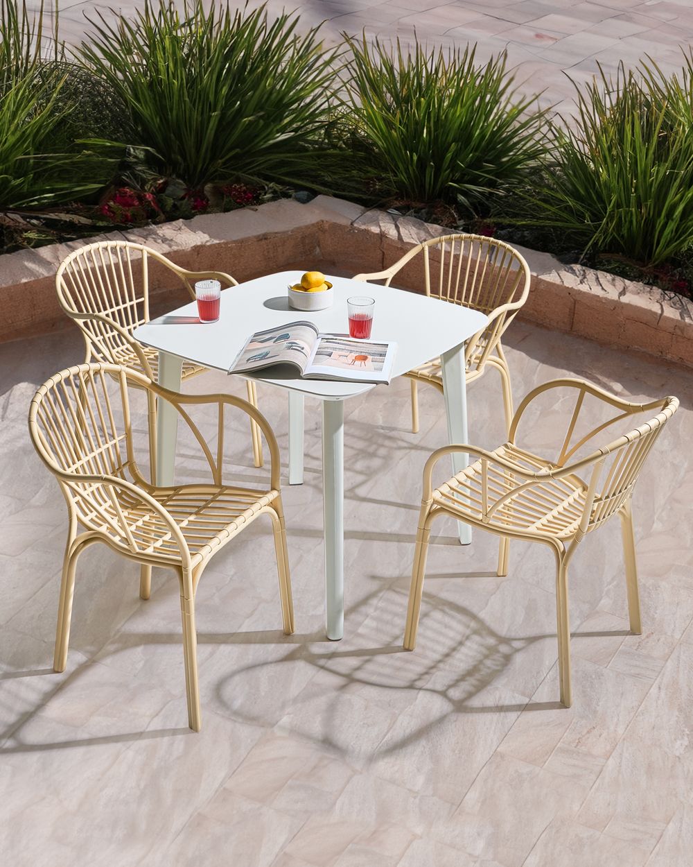 beige plastic patio chairs