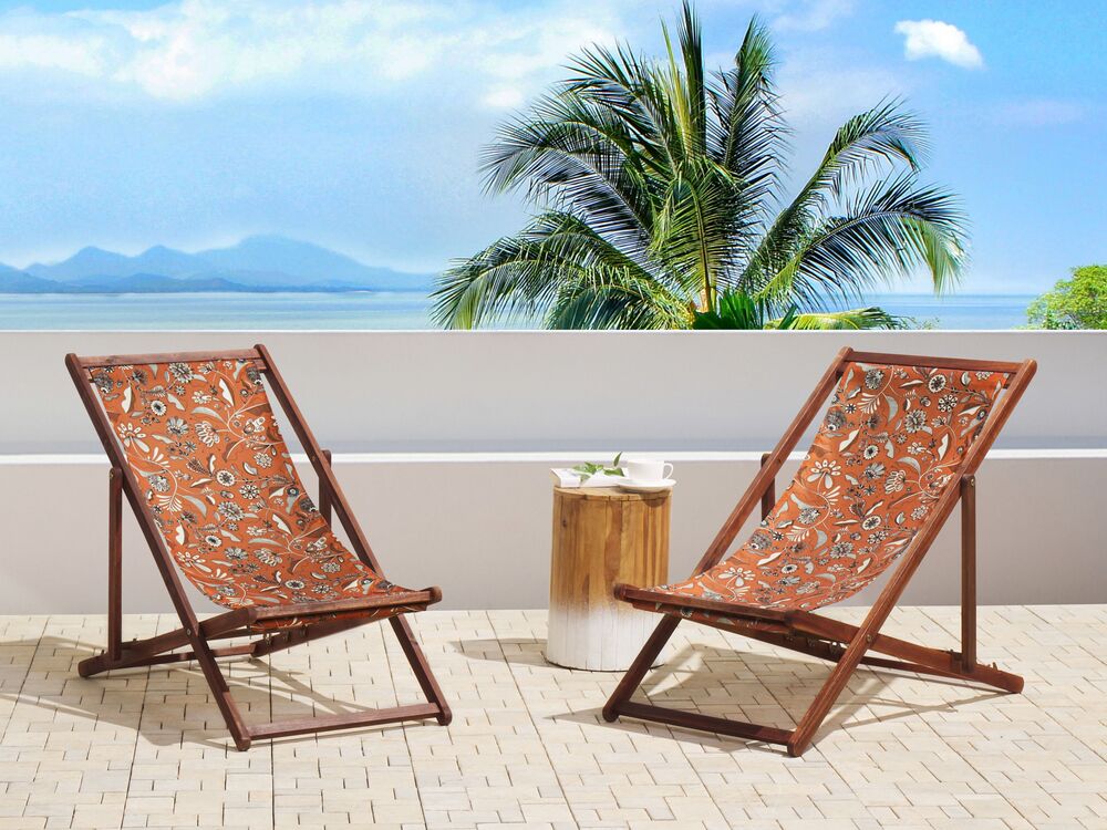 Set of 2 Acacia Folding Deck Chairs and 2 Replacement Fabrics Dark Wood with Off White Red Floral Pattern ANZIO Beliani