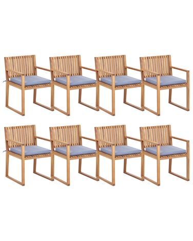 Sada 8 záhradných stoličiek svetlé certifikované akáciové drevo/modré podsedáky SASSARI II