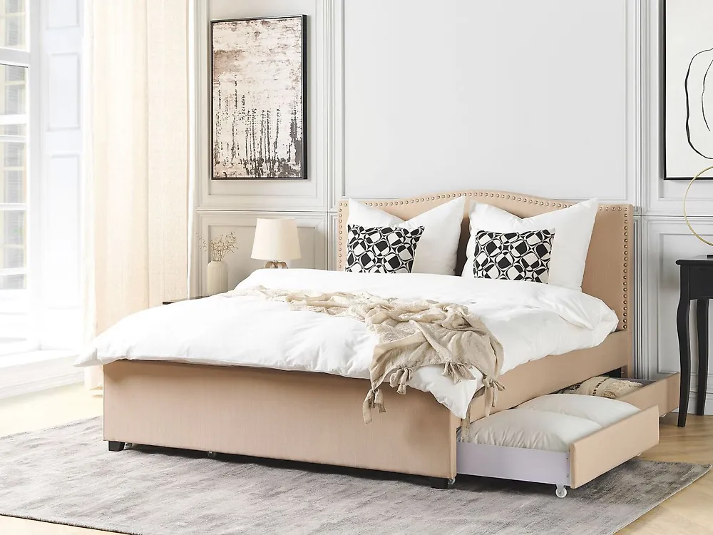 Bed with Storage Drawers MONTPELLIER Fabric Beige 160 x 200 cm (EU King Size)_1176366