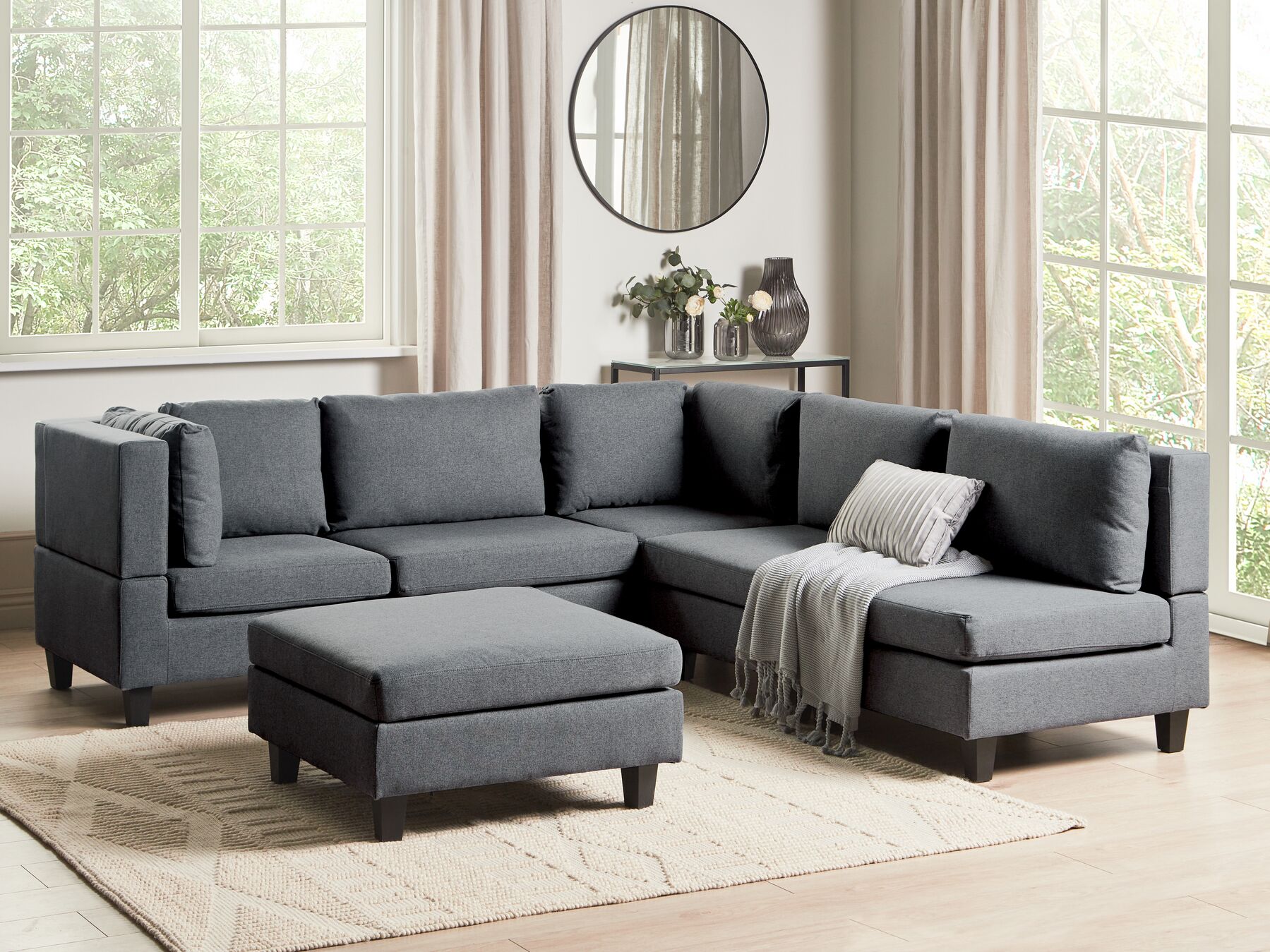 5 Seater Right Hand Modular Fabric Corner Sofa with Ottoman Dark Grey UNSTAD_924657