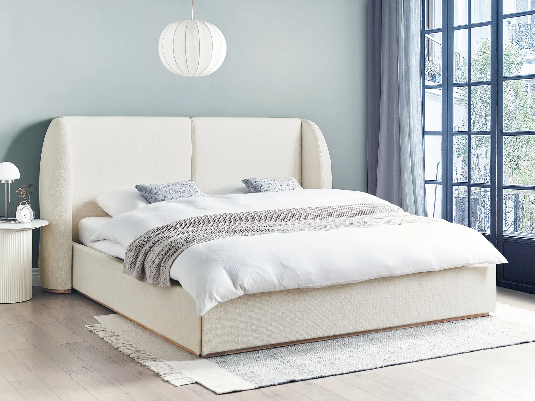Ottoman Bed MONESTIER Fabric Off-White 180 x 200 cm (EU Super King)_972615