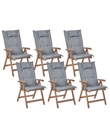 Set of 6 Acacia Wood Garden Folding Chairs Dark Wood with Grey Cushions AMANTEA