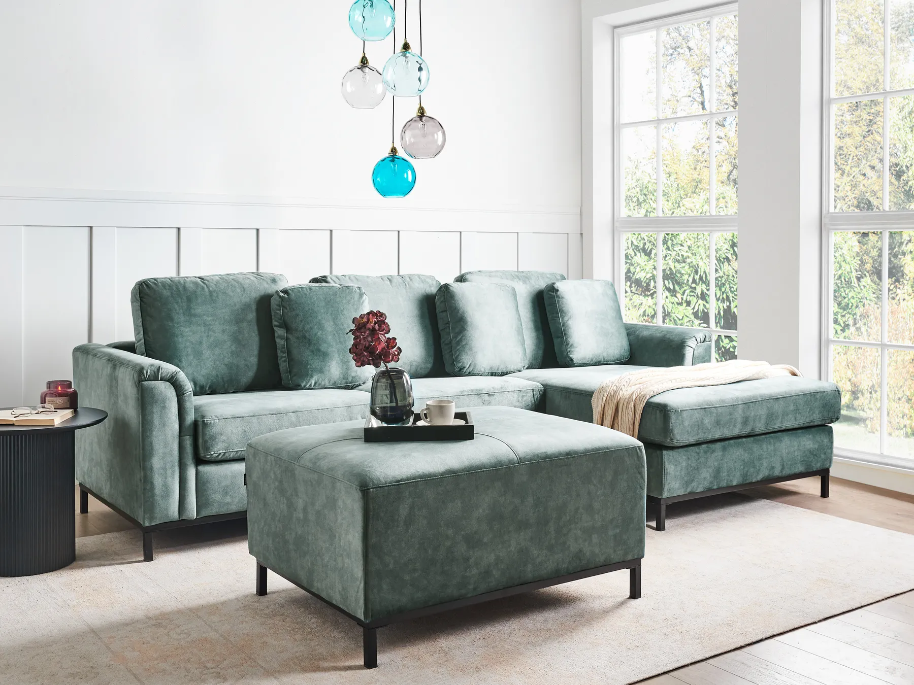 Corner Sofa 5 Seater OSLO with Ottoman Velvet Teal Left Hand_964634