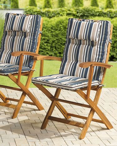 Set of 2 Garden Dining Chairs with Blue Stripes Cushion MAUI