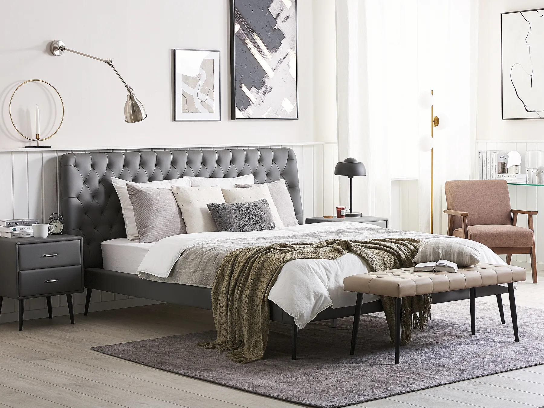 Set da camera da letto Pelle sintetica ESSONNE 180 x 200 cm Grigio_789194