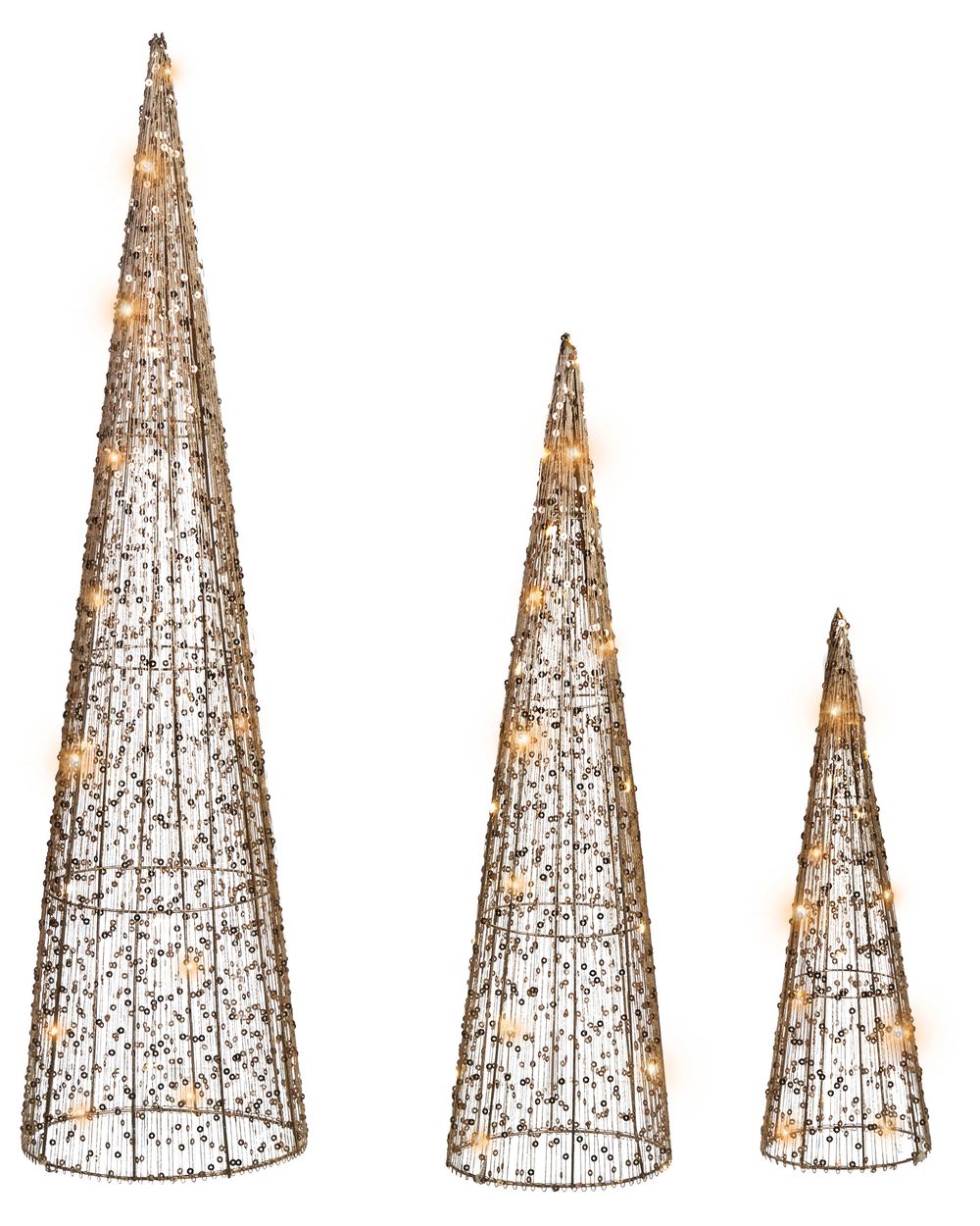 Lot de 3 décorations de Noël LED VEJLESO 40/60/80 cm Arbre de Noël Doré