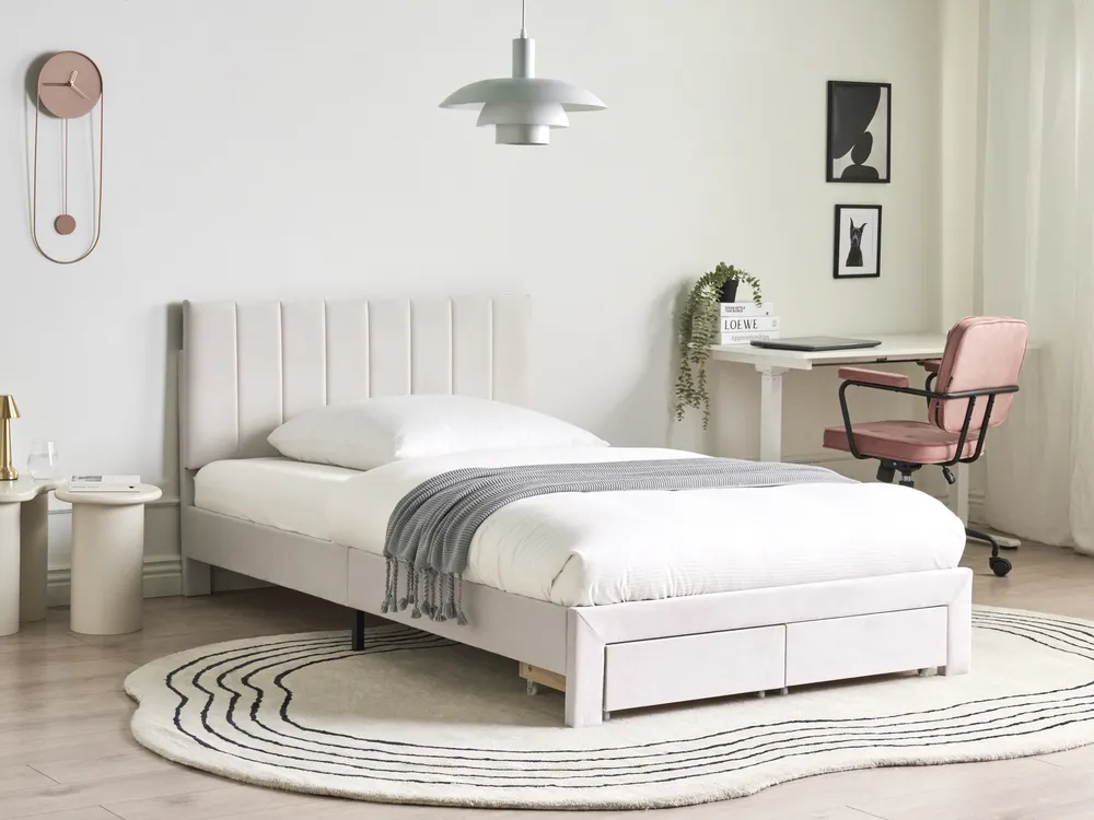 Bed with Storage Drawers LONZAC Velvet Off-White 120 x 200 cm (EU Small Double)_1014738