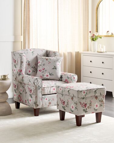 Fabric Wingback Chair with Footstool Floral Pattern Cream HAMAR