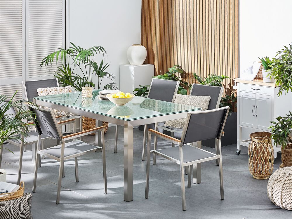 6 Seater Garden Dining Set Glass Table with Grey Chairs GROSSETO Beliani
