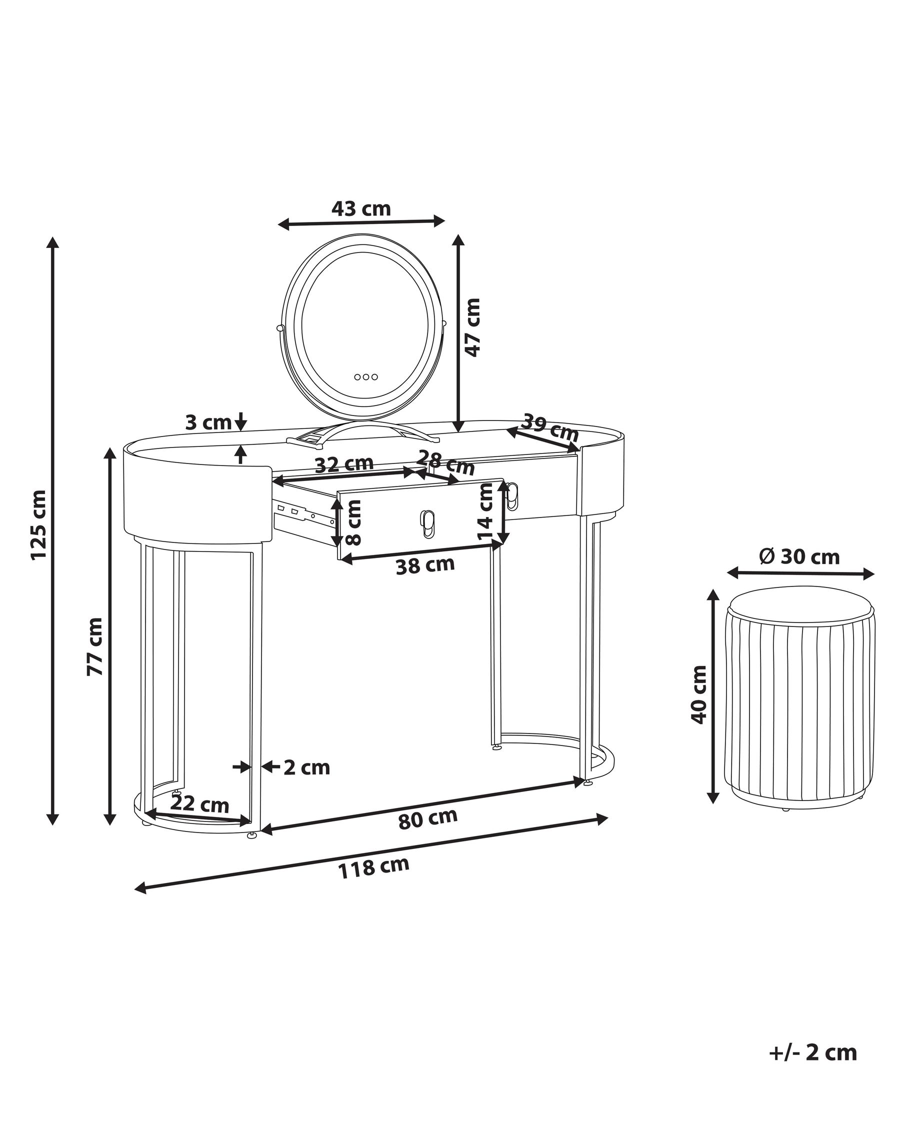 2 Drawers Dressing Table with LED Mirror and Pouffe Dark Green and Gold VINAX_845145 2 Drawers Dressing Table with LED Mirror and Pouffe Dark Green and Gold VINAX_845145
