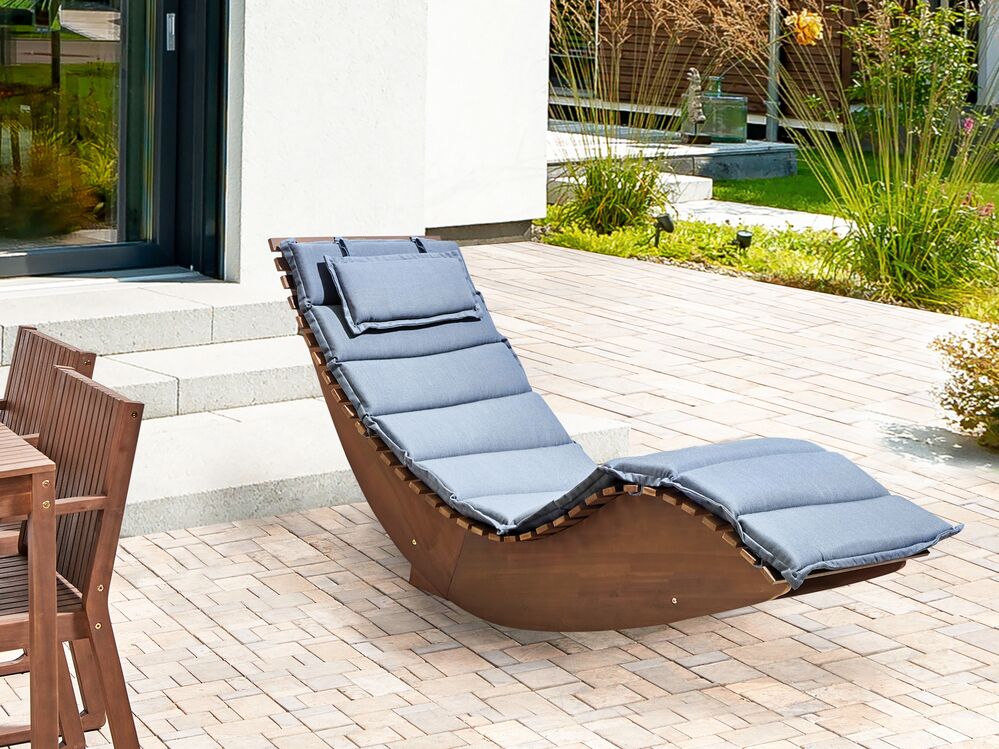 Acacia Wood Garden Sun Lounger Dark with Cushion Blue BRESCIA Beliani