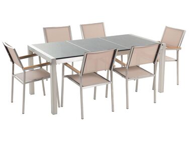 Set di tavolo e 6 sedie da giardino in acciaio granito e fibra tessile beige grigio lucido 180 cm GROSSETO