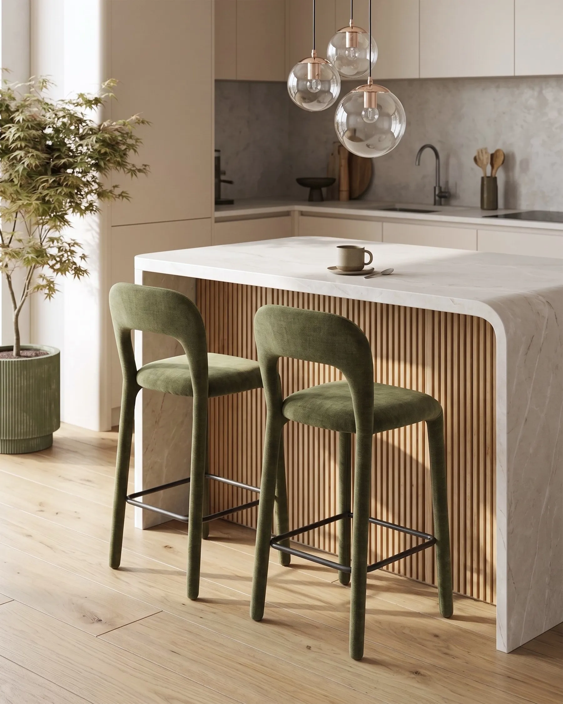 Set of 2 Bar Chairs LAKEVILLE Chenille Green_1116954