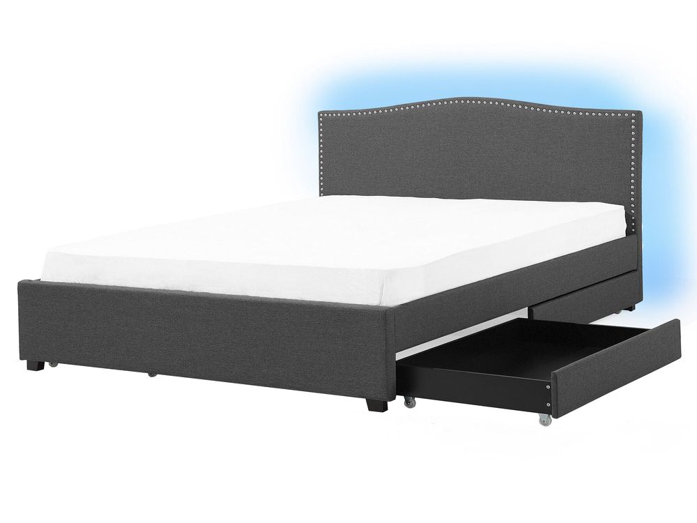 Lit avec tiroirs de rangement MONTPELLIER Tissu Gris 160 x 200 cm LED