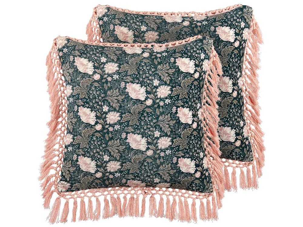 Set of 2 Decorative Cushions PARROTIA 45 x 45 cm Velvet Teal Floral Pattern