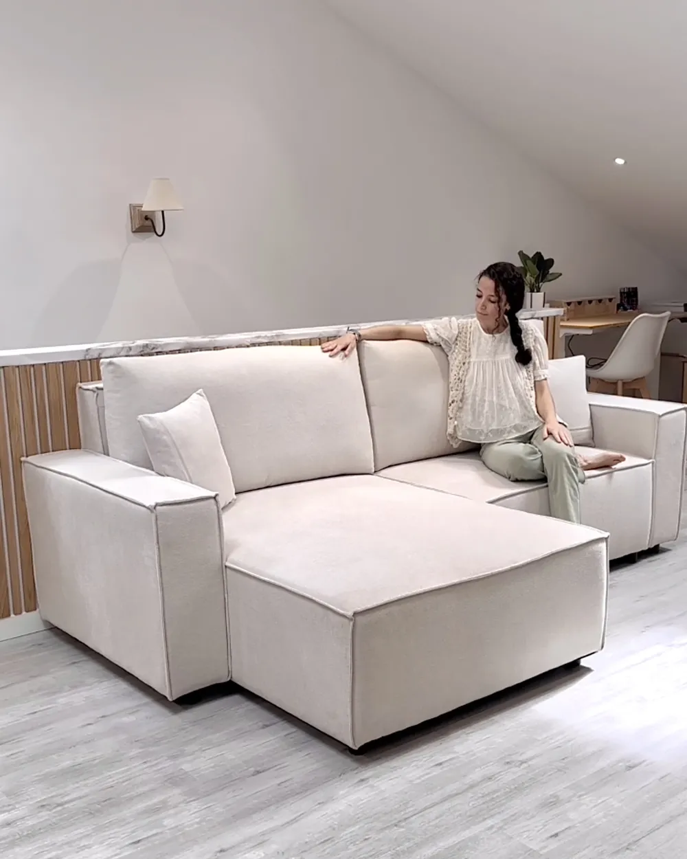 Sofa Bed 3 Seater KARILA with Storage Fabric Light Beige Right Hand_923037