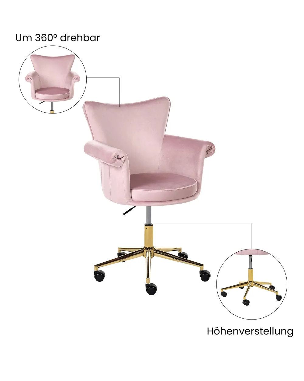 Schreibtischstuhl VELENCIA Samtstoff Pastellrosa_1065148