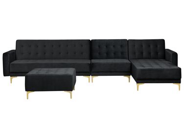 Left Hand Modular Velvet Sofa with Ottoman Black ABERDEEN