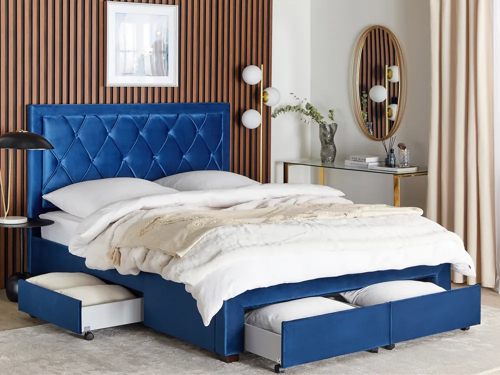 Bed with Storage Drawers LIEVIN Velvet Navy Blue 160 x 200 cm (EU King Size)_821228