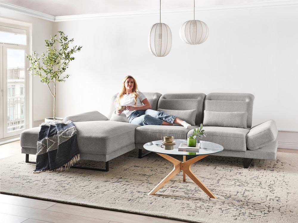 Corner Sofa 4 Seater IKAST Fabric Light Grey Right Hand