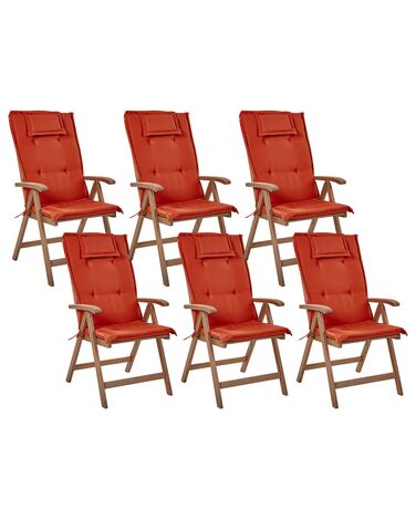 Set of 6 Acacia Wood Garden Folding Chairs Dark Wood with Red Cushions AMANTEA
