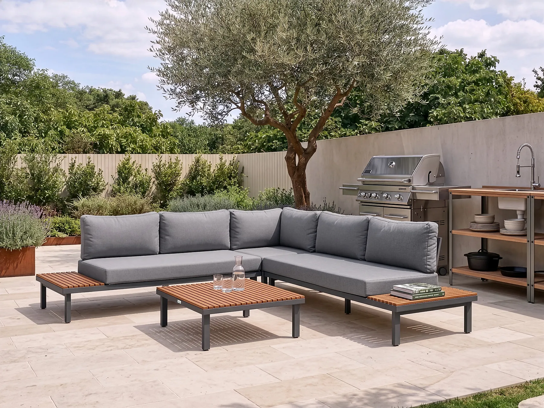 Garden Corner Sofa with Table 5 Seater FIVIZZANO Acacia Wood Dark Grey_1158789