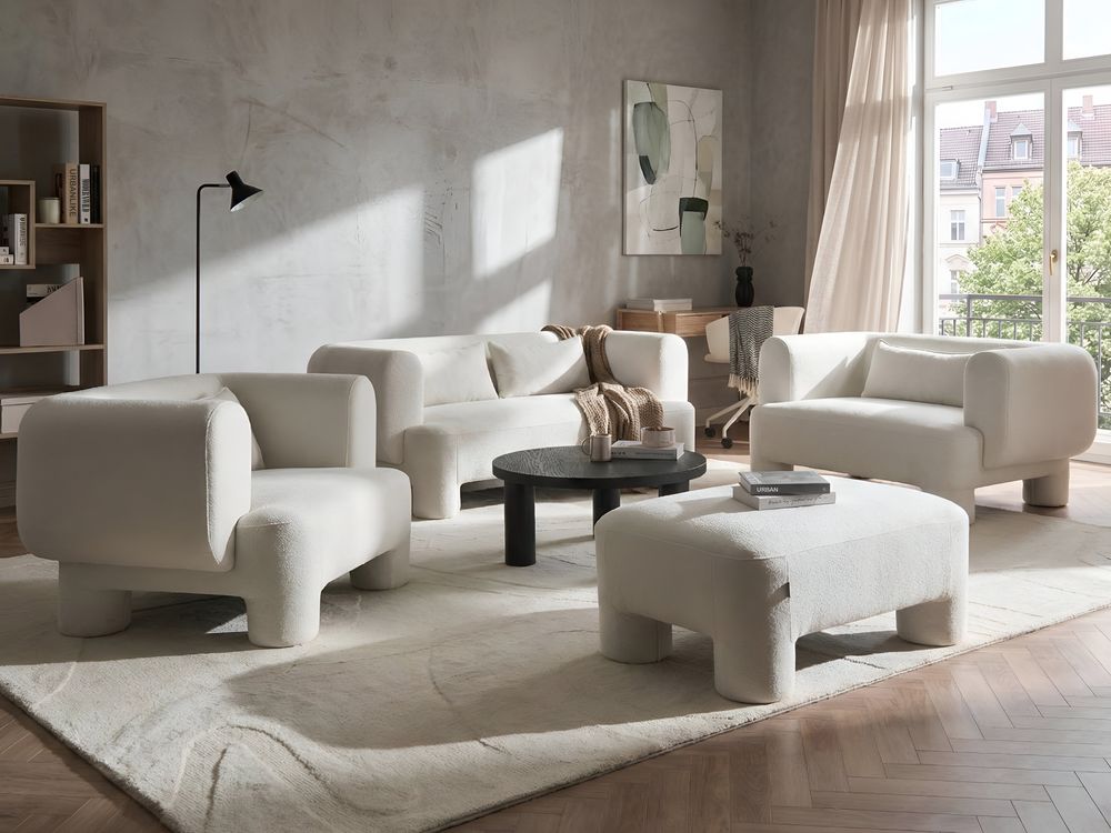 Living Room Set 6 Seater HOGBO with Ottoman Fabric White