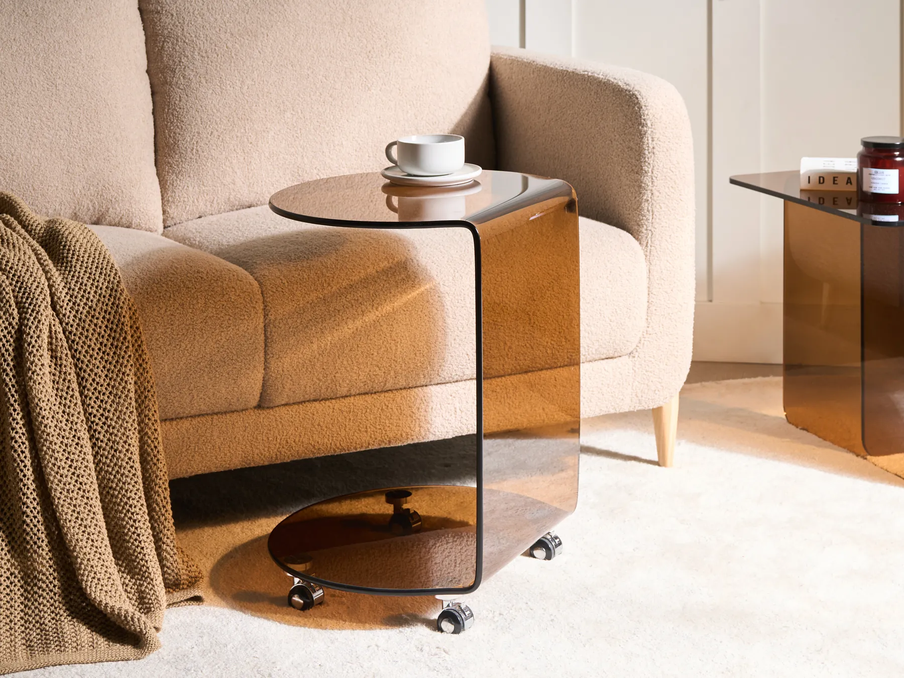 Side Table MINTO with Wheels Tempered Glass Brown_1032588