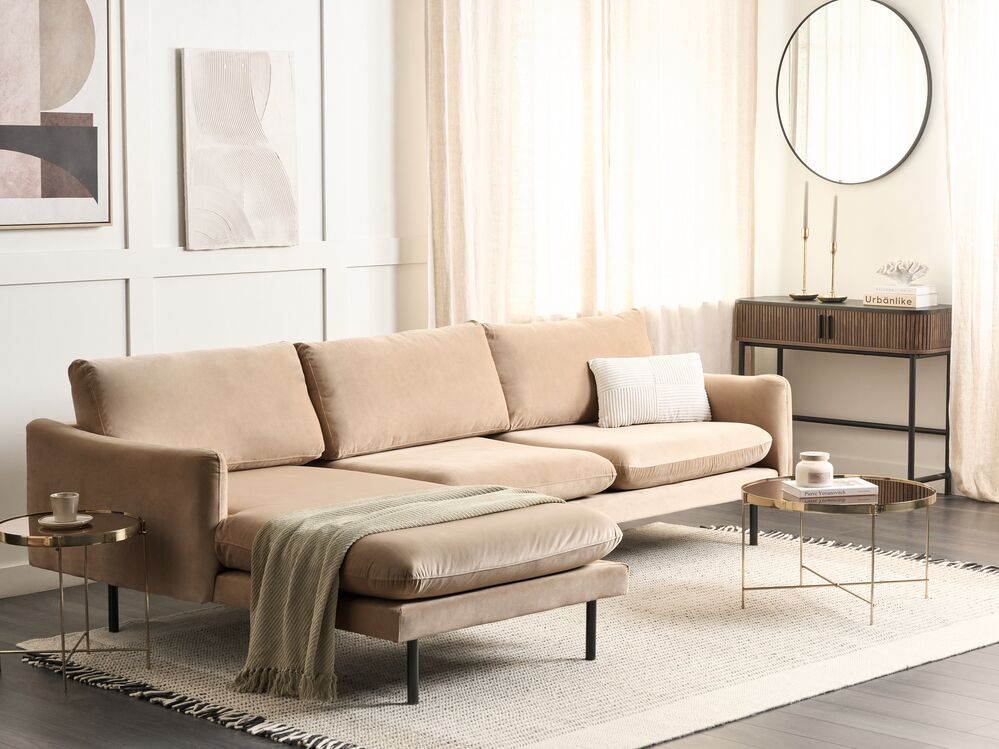 4 Sitzer Ecksofa Samtstoff beige rechtsseitig VINTERBRO Beliani.at