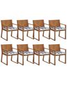Set di 8 sedie da giardino in legno marrone chiaro cuscino a strisce blu SASSARI_774891