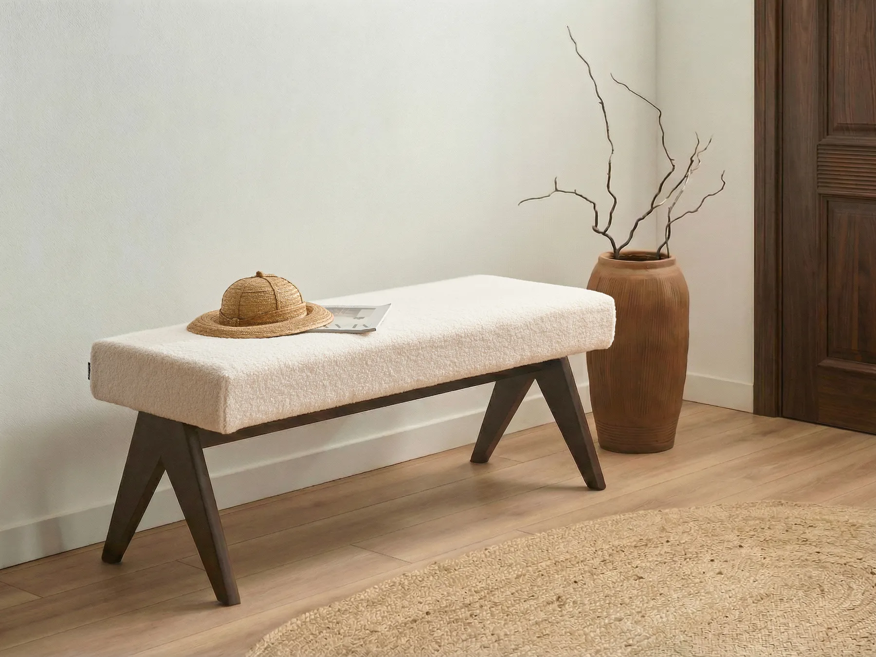 Upholstered Bench TAMRE Boucle Off-White/ Dark Brown_985167