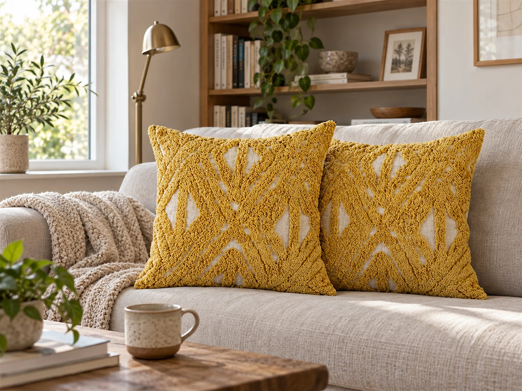 Conjunto de 2 cojines decorativos ALCEA 45 x 45 cm Algodón Amarillo Patrón geométrico_835165