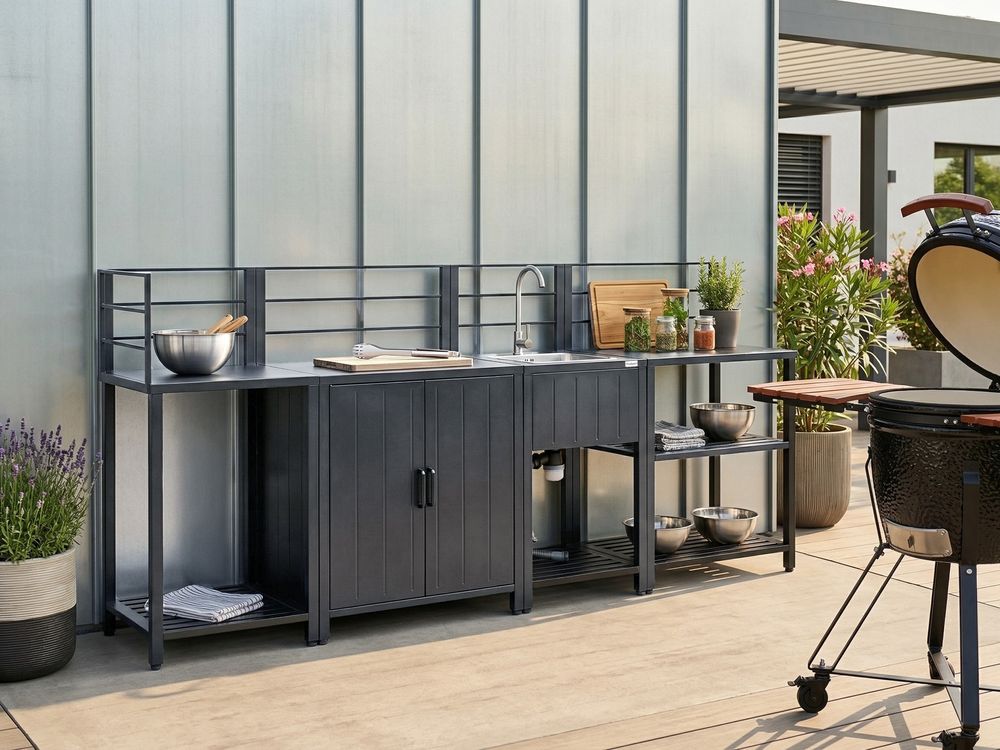 Outdoor-Küche 4er Set mit Spüle VIGGIANO Graphitgrau Metall