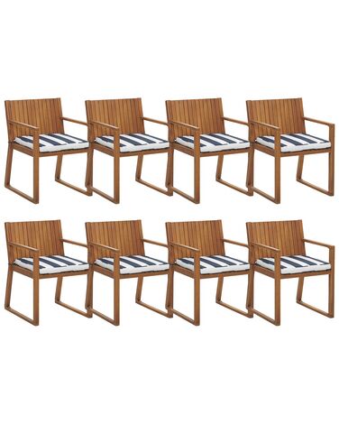 Sada 8 záhradných stoličiek svetlé akáciové drevo/modro-biele podsedáky SASSARI