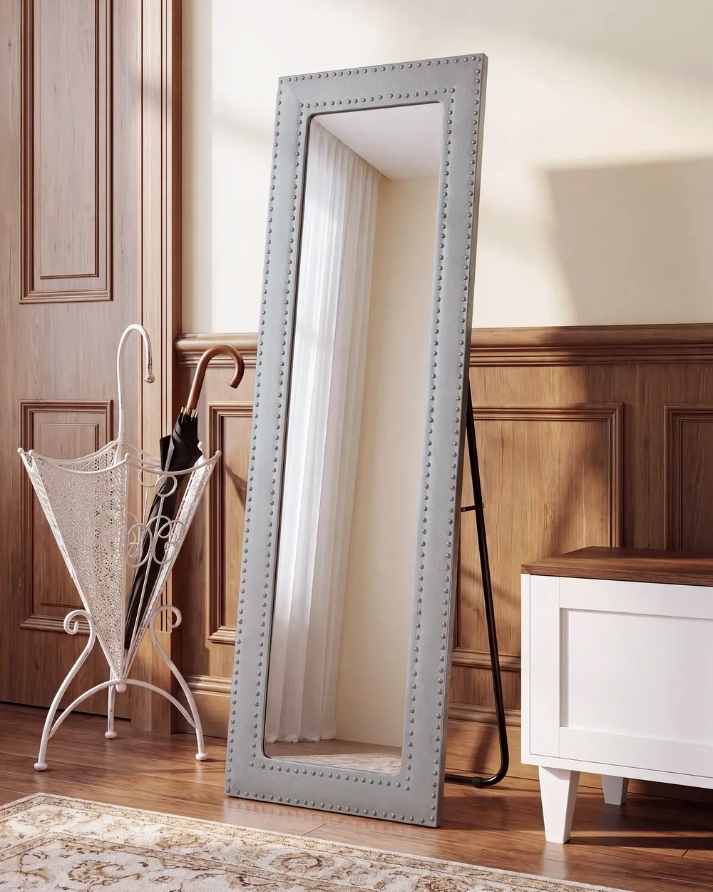 Standing Mirror LOCRONAN 150 cm Faux Leather Light Grey_1109346