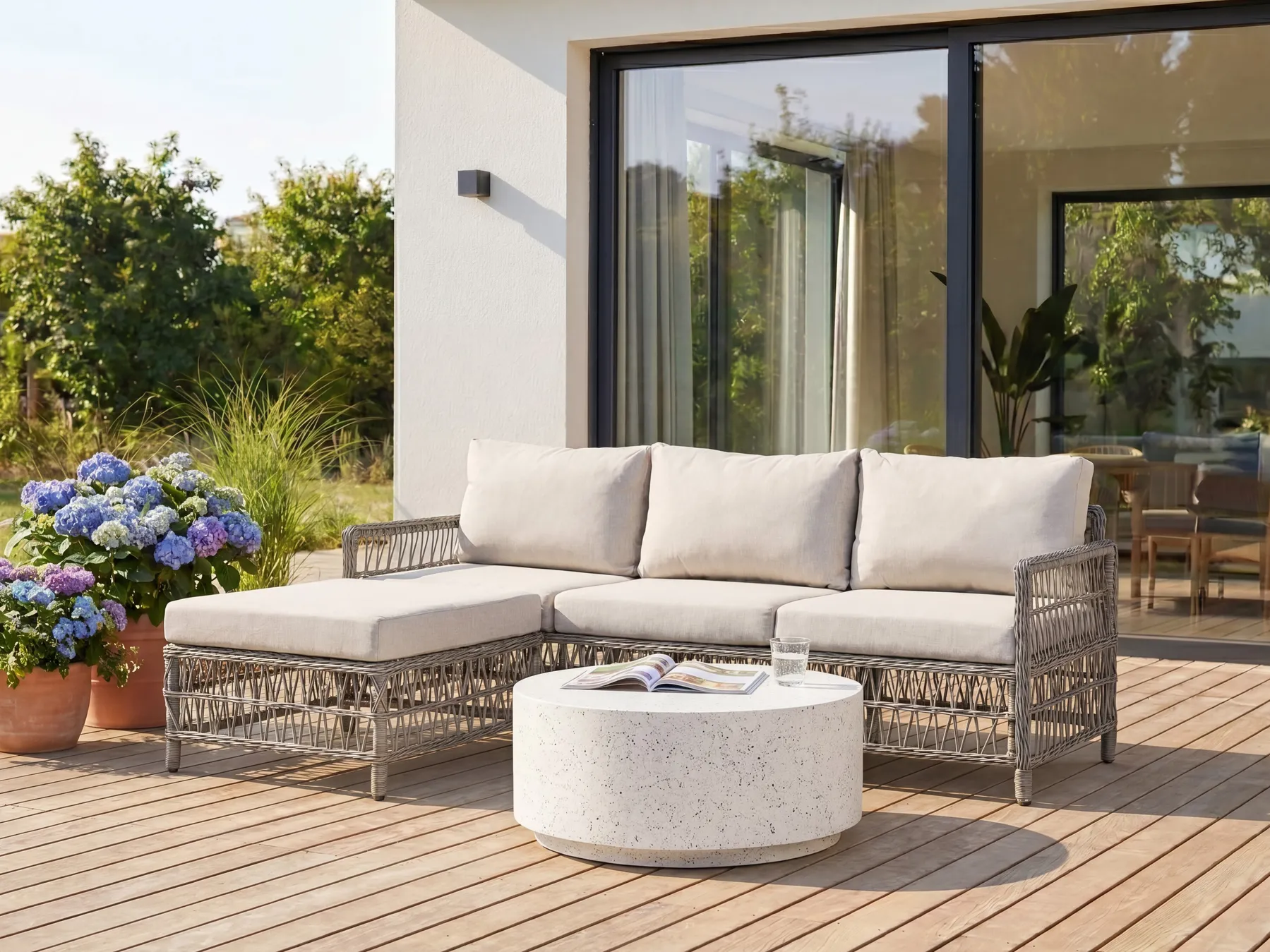 Sofa ogrodowa z otomaną dla 3 osób OFENA Technorattan Szary_1080035