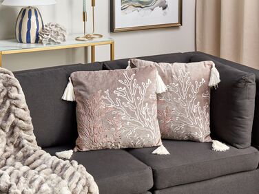 Set of 2 Velvet Cushions Coral Motif 45 x 45 cm Taupe MAZZAELLA