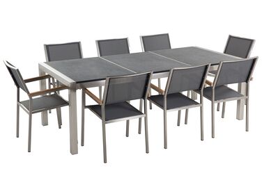Conjunto de jardín mesa con tablero de piedra natural negro curtido 220 cm, 8 sillas grises GROSSETO 
