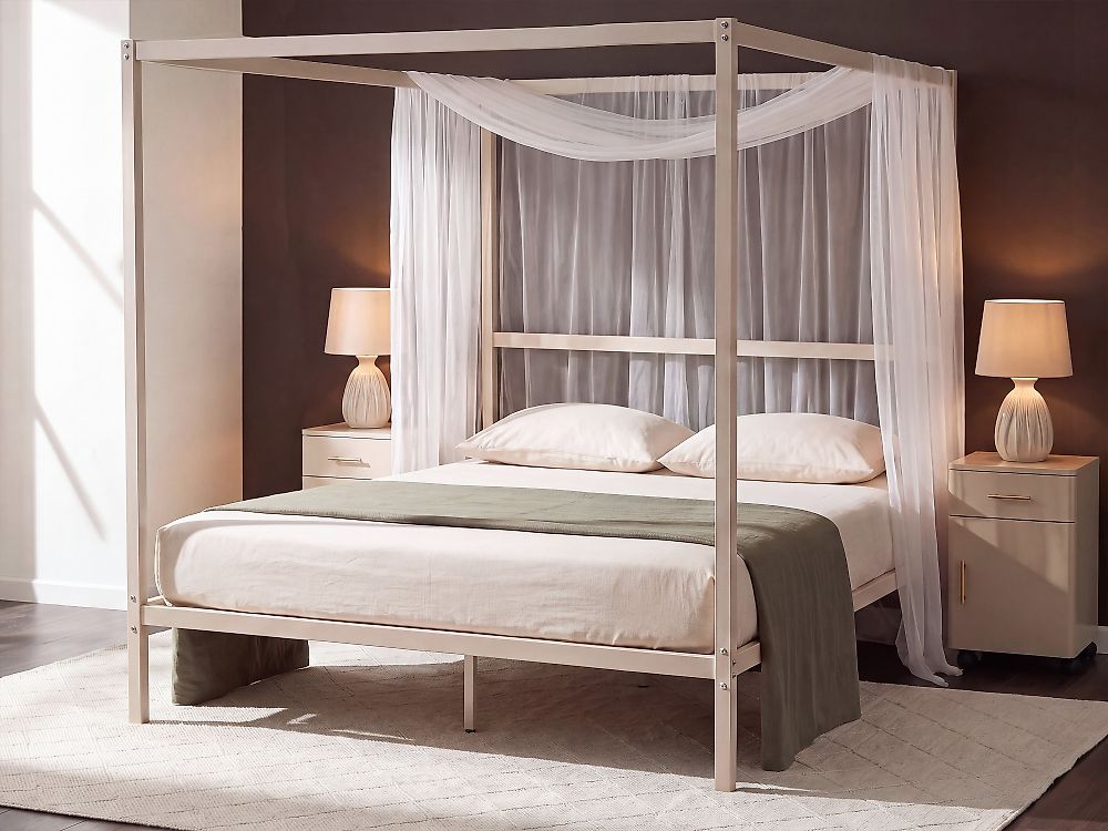 Four Poster Bed Metal LESTARDS 140 x 200 cm (EU Double) Light Beige