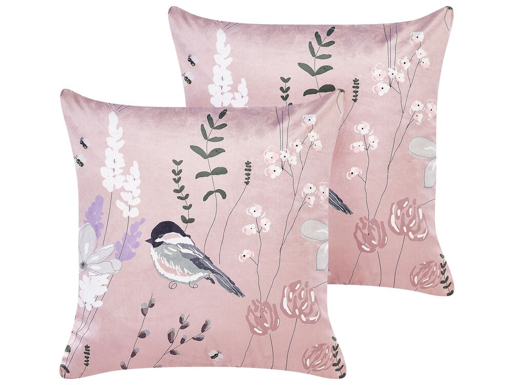 Set of 2 Decorative Cushions CYCLAMEN 45 x 45 cm Velvet Pastel Pink Floral Pattern