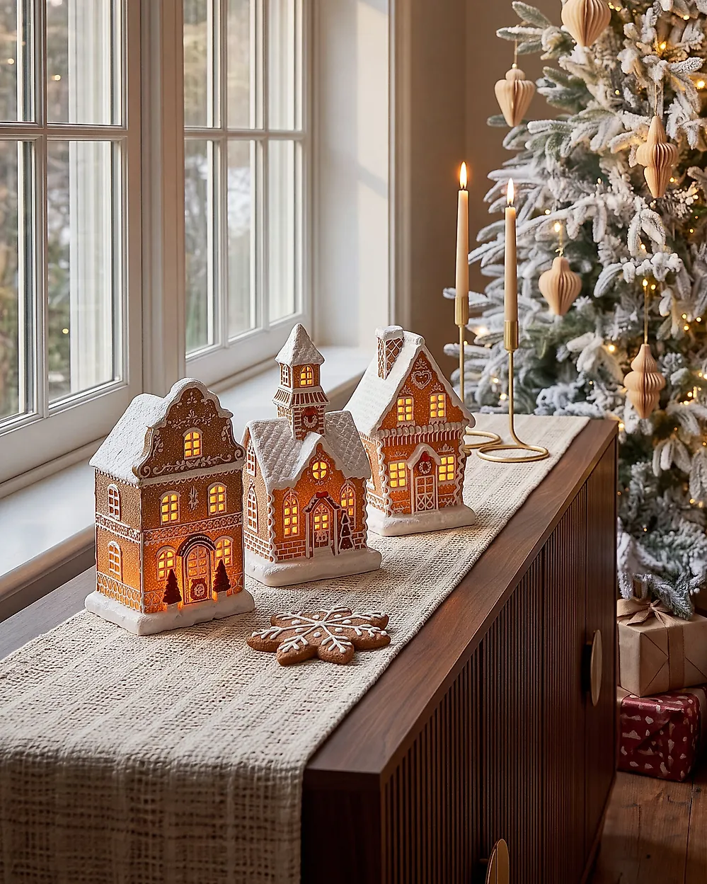 Lot de 3 décorations de Noël LED RIMPI 21/25/26 cm Maison Marron