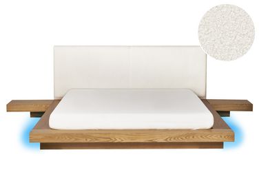 Cama casal LED castanha clara com cabeceira em bouclé 160 x 200 cm ZEN