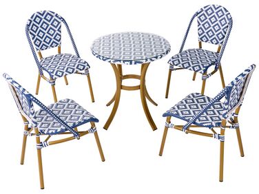 4 Seater PE Rattan Garden Dining Set Blue and White Pattern RIFREDDO