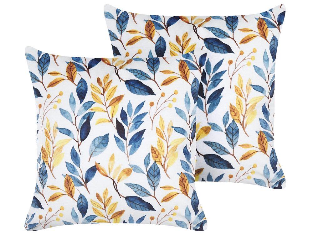 Set of 2 Velvet Cushions Leaf Pattern 45 x 45 cm Yellow and Blue CATTLEYA Beliani.ch