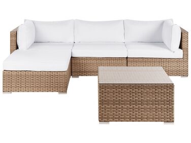 Lounge Set Rattan naturfarben 4-Sitzer rechtsseitig modular Auflagen weiß SANO II