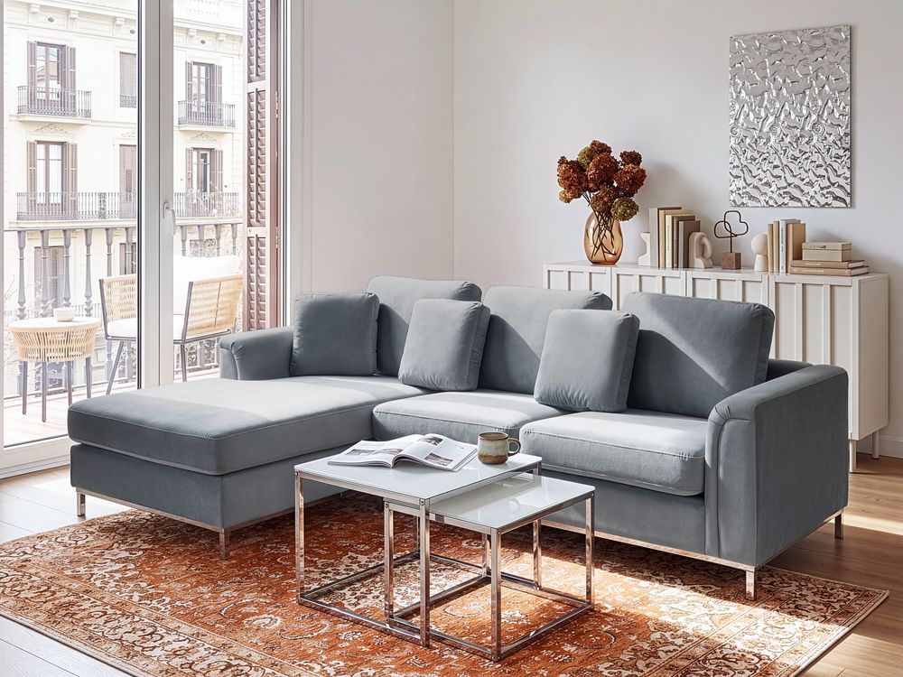 Ecksofa OSLO Samtstoff Grau rechtsseitig