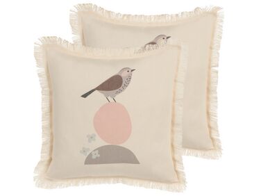Set of 2 Fringed Cushions Bird Motif 60 x 60 cm Beige WATTLE