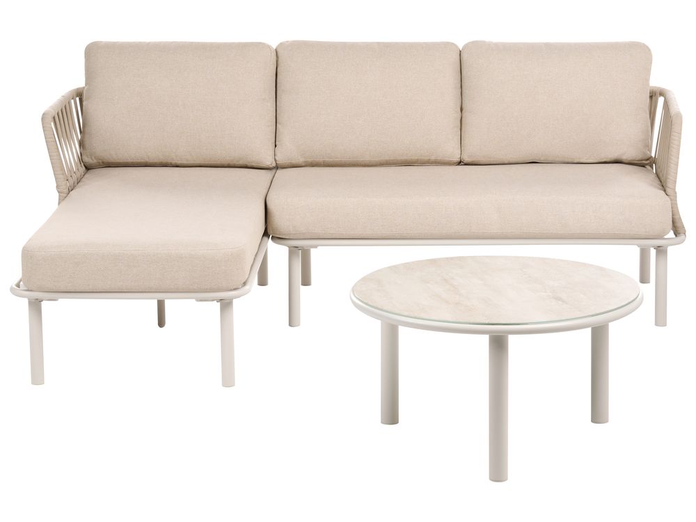 Garden Corner Sofa with Table 3 Seater ORTE Metal Beige Right Hand