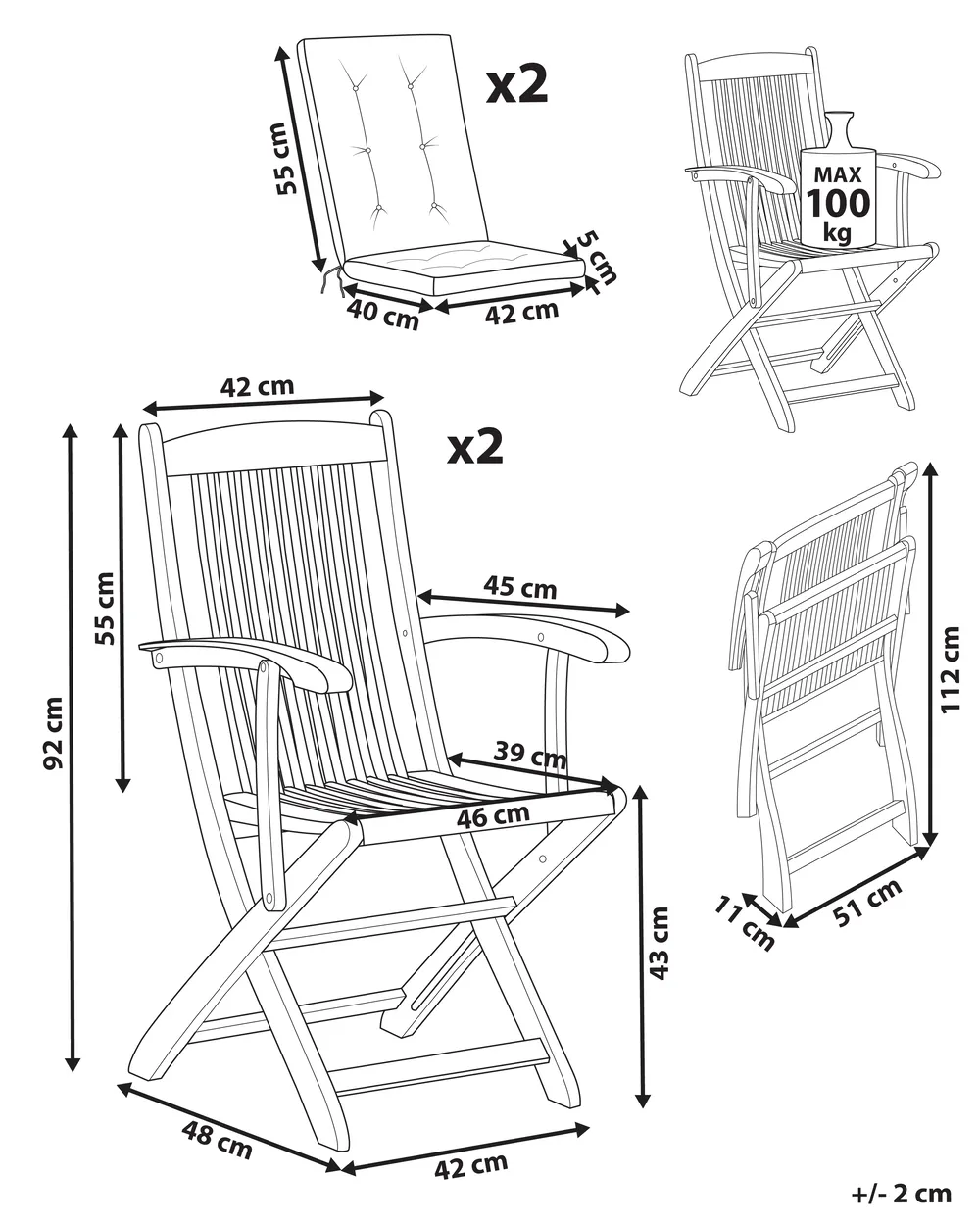 Set of 2 Garden Chairs with Cushions MAUI PREMIUM Acacia Wood Light Grey_991063